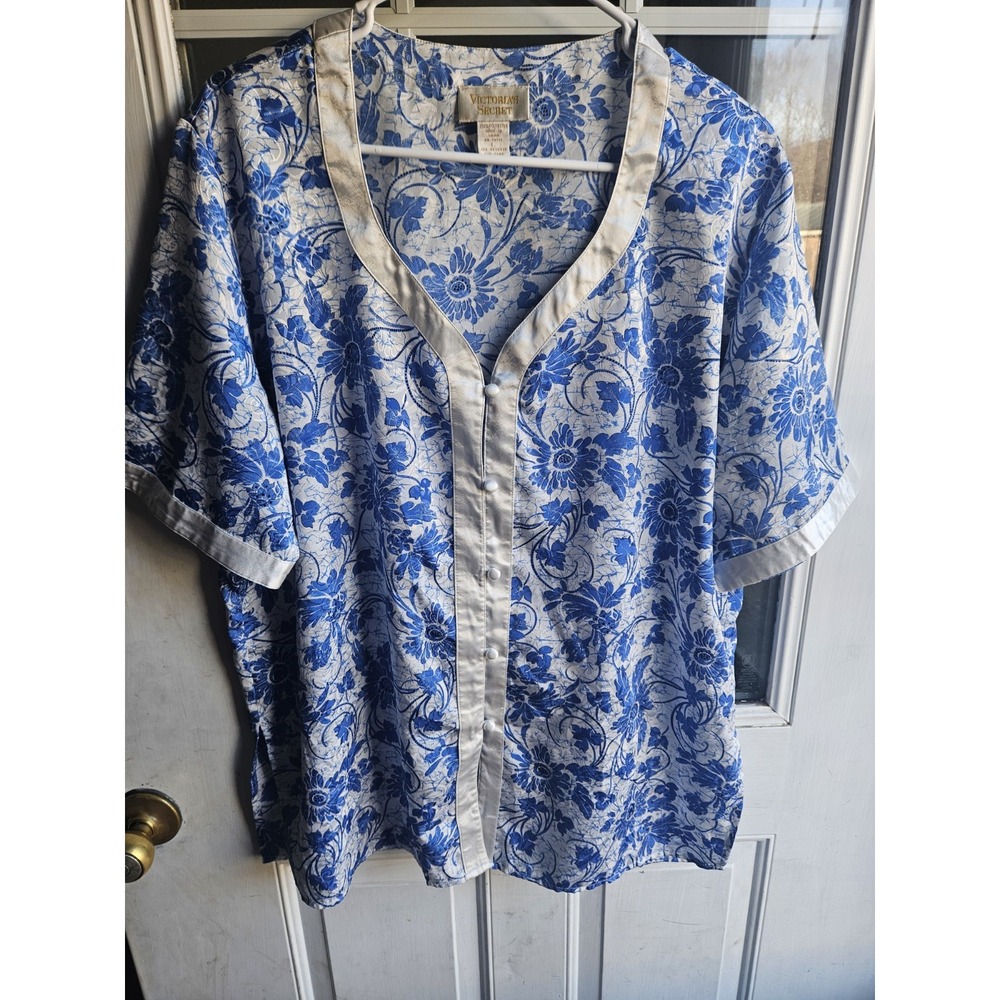 Victoria's Secret Vintage Gold Label Blue Floral Lounge Shirt Pajama Top Large